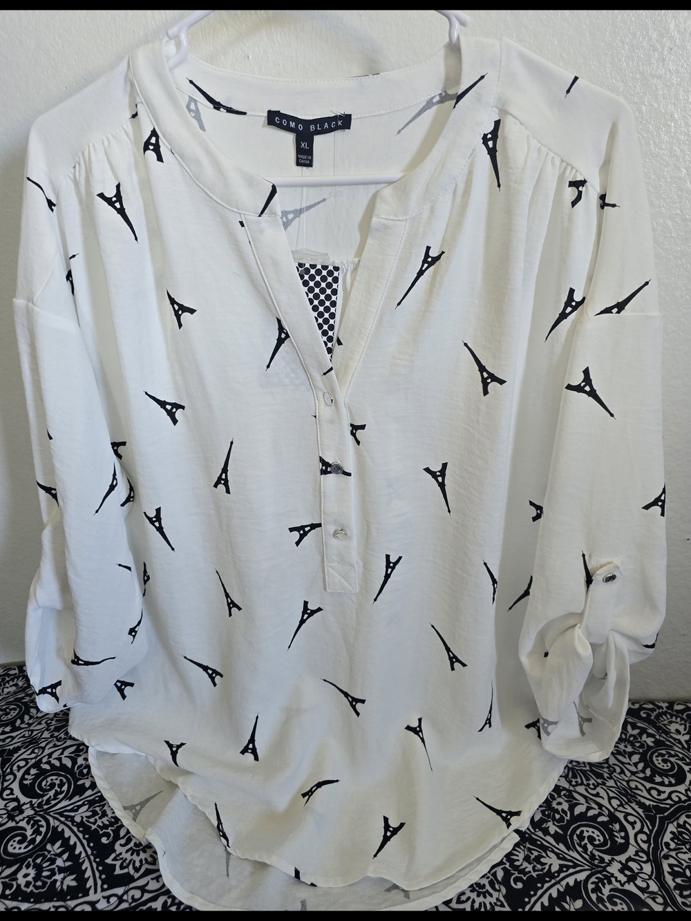 Como Black White Blouse with Navy Eiffel Tower Print